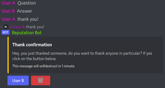 The bot asks which member should receive reputation